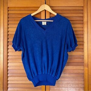 Vintage Sears Top Womens Size XXL Terry Knit Blue Short Sleeve V Neck 70s 80s